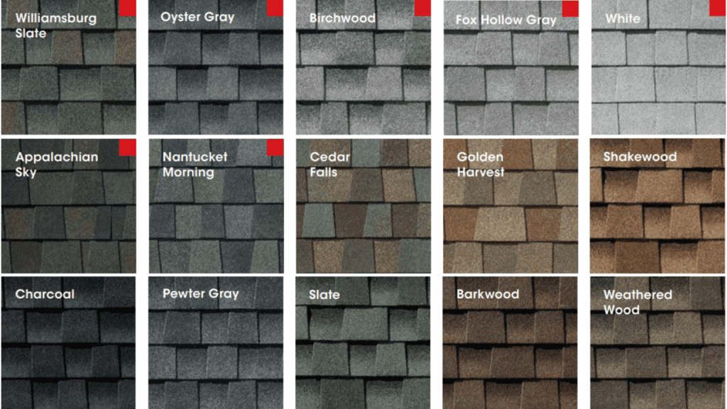 Shingle colors displayed in a 4x4 grid, showing various gray, brown, and earth tones.
