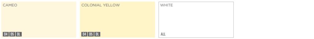 Three color swatches labeled Cameo, Colonial Yellow, and White with designated codes at bottom.