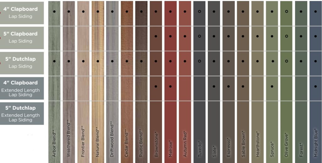 Color chart displays lap siding options in clapboard and Dutchlap designs with various blends.