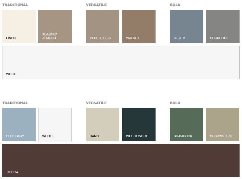 linen, pebble clay, shamrock, cocoa.