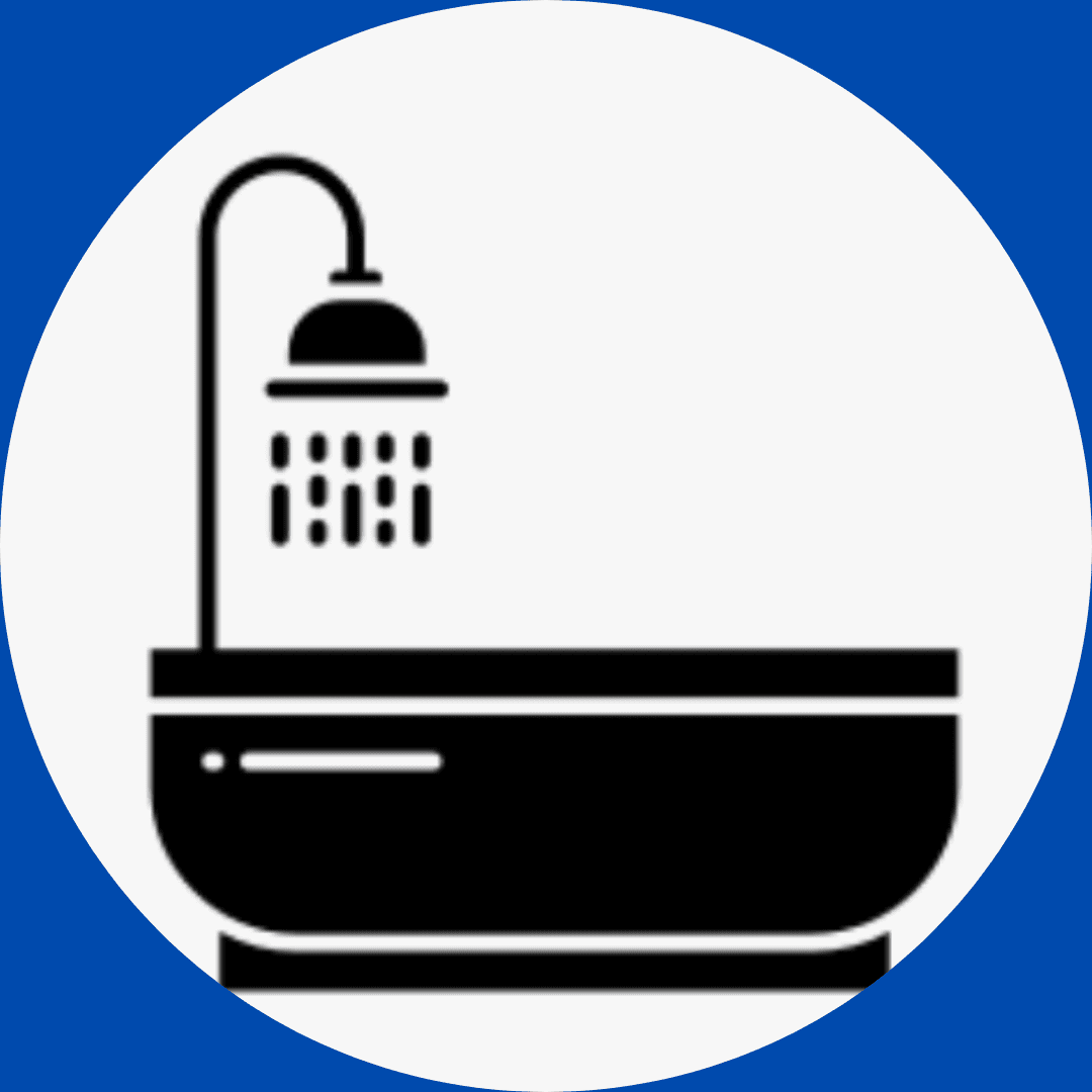 Icon of a bathtub with a showerhead in a circular frame and blue border.